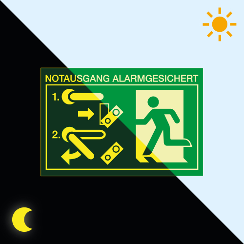 Hauptbild PERMALIGHT® power Rettungszeichen: Schild für Türwächter Notausgang alarmgesichert links, Standardfolie lang nachleuchtend, 150 x 100 mm
