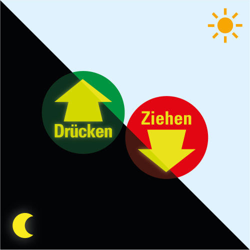 Hauptbild PERMALIGHT® power Türhinweis Drücken mit Pfeil, grün, Folie lang nachleuchtend und fluoreszierend, Ø 100 mm Hauptbild PERMALIGHT® power Türhinweis Drücken mit Pfeil, grün, Folie lang nachleuchtend und fluoreszierend, Ø 100 mm