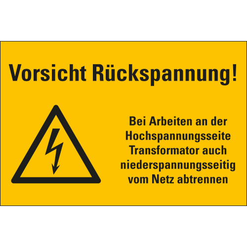 Warnschild: Vorsicht Rückspannung! [...] , Blitzpfeil, Folie oder Kunststoff