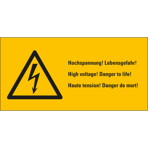 Kombi-Warnschild: Hochspannung! Lebensgefahr!, dreisprachig, Blitzpfeil, gelb-schwarz Kombi-Warnschild: Hochspannung! Lebensgefahr!, dreisprachig, Blitzpfeil, gelb-schwarz