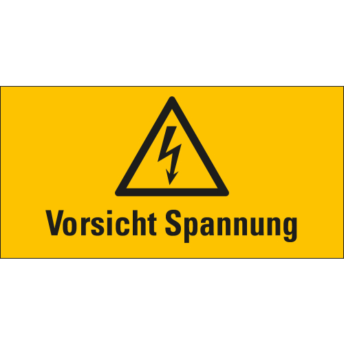 Warnschild: Vorsicht! Spannung, Blitzpfeil, Rechteck, gelb-schwarz Warnschild: Vorsicht! Spannung, Blitzpfeil, Rechteck, gelb-schwarz