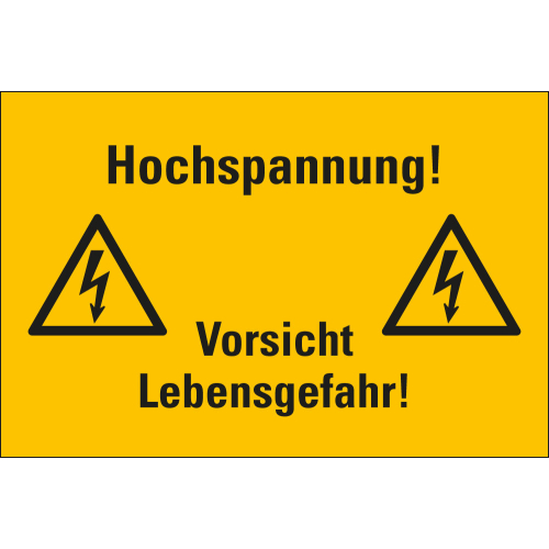 Kombi-Warnschild: Hochspannung! Vorsicht Lebensgefahr!, zwei Blitzpfeile, verschiedene Materialien & Größen
