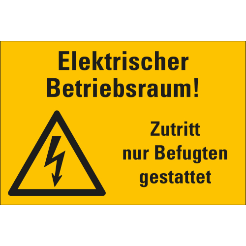 Warnschild: Elektrischer Betriebsraum! Zutritt nur Befugten gestattet, Blitzpfeil, gelb-schwarz