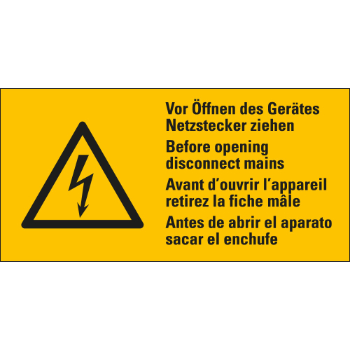 Warnschild: Vor Öffnen des Gerätes Netzstecker ziehen, 4-sprachig, Blitzpfeil, Folie selbstklebend, verschiedene Größen, 1 Stück
