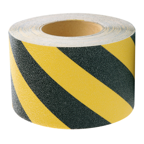 Antirutsch-Warnmarkierung, Rutschhemmung R13, schwarz-gelb, ASR, DIN, DGUV, Polyvinylchlorid selbstklebend, 100 mm, 18,3 m / Rolle Antirutsch-Warnmarkierung, Rutschhemmung R13, schwarz-gelb, ASR, DIN, DGUV, Polyvinylchlorid selbstklebend, 100 mm, 18,3 m / Rolle