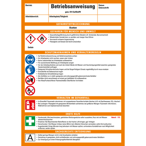 Betriebsaushang: Betriebsanweisung für Aceton, CLP / GHS, weiß-orange, Kunststoff, 210 mm x 297 mm, 1 Stück Betriebsaushang: Betriebsanweisung für Aceton, CLP / GHS, weiß-orange, Kunststoff, 210 mm x 297 mm, 1 Stück