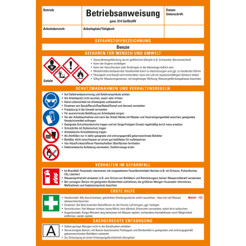 Betriebsaushang: Betriebsanweisung für Benzin, CLP / GHS, weiß-orange, Kunststoff, 210 mm x 297 mm, 1 Stück