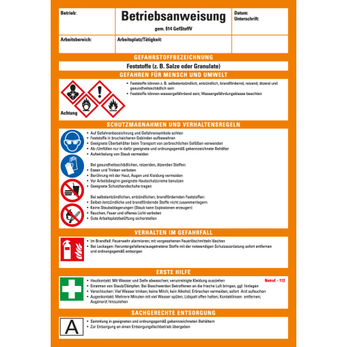 Betriebsaushang: Betriebsanweisung für Feststoffe, CLP / GHS, weiß-orange, Kunststoff, 210 mm x 297 mm, 1 Stück Betriebsaushang: Betriebsanweisung für Feststoffe, CLP / GHS, weiß-orange, Kunststoff, 210 mm x 297 mm, 1 Stück