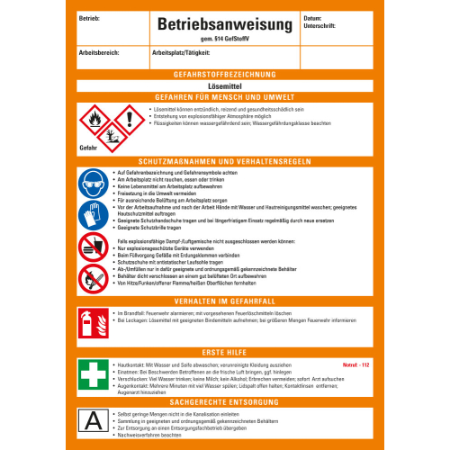 Betriebsaushang: Betriebsanweisung für Lösemittel, CLP / GHS, weiß-orange, Kunststoff, 210 mm x 297 mm, 1 Stück Betriebsaushang: Betriebsanweisung für Lösemittel, CLP / GHS, weiß-orange, Kunststoff, 210 mm x 297 mm, 1 Stück