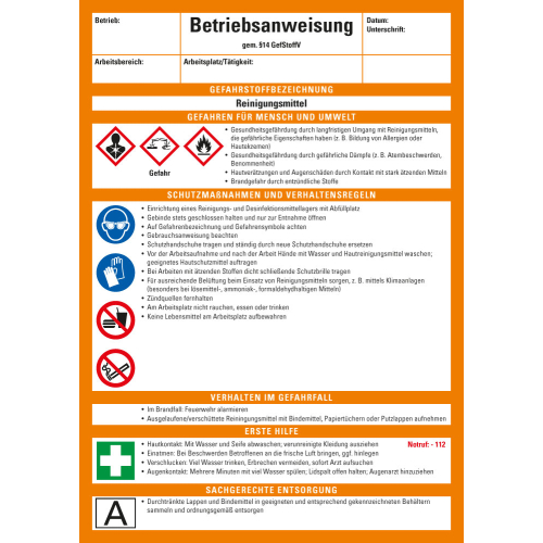 Betriebsaushang: Betriebsanweisung für Reinigunsmittel, CLP / GHS, weiß-orange, Kunststoff, 210 mm x 297 mm, 1 Stück Betriebsaushang: Betriebsanweisung für Reinigunsmittel, CLP / GHS, weiß-orange, Kunststoff, 210 mm x 297 mm, 1 Stück