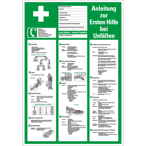 Betriebsaushang: Guide to first aid in case of accident [...], grün, Resopal, 395 mm x 575 mm, 1 Stück