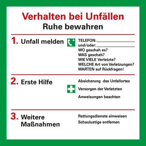 Betriebsaushang: Verhaltensregeln bei Unfällen, ASR/ISO, Kunststoff, 200 mm x 200 mm, 1 Stück