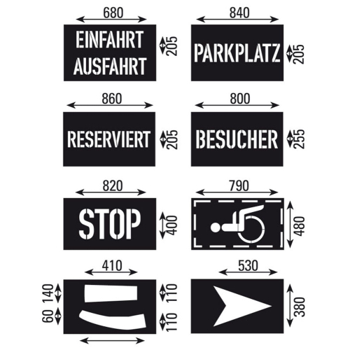Bodenmarkierungsschablonen: Schablonensatz 1 für Markierungen mit Farben, Kunststoff, 8 St./Verpackungseinheit Bodenmarkierungsschablonen: Schablonensatz 1 für Markierungen mit Farben, Kunststoff, 8 St./Verpackungseinheit