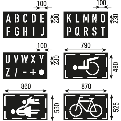 Bodenmarkierungsschablonen: Schablonensatz 3 für Markierungen mit Farben, Kunststoff, 6 St./Verpackungseinheit Bodenmarkierungsschablonen: Schablonensatz 3 für Markierungen mit Farben, Kunststoff, 6 St./Verpackungseinheit