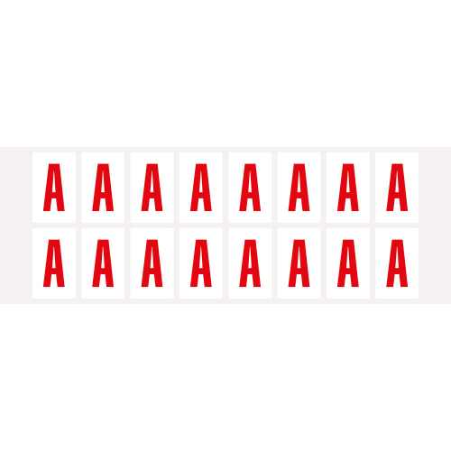 Buchstabe A, Schrifthöhe 25 mm, weiß-rot, Folie selbstklebend, 22 x 36 mm, 320 St./Verpackungseinheit Buchstabe A, Schrifthöhe 25 mm, weiß-rot, Folie selbstklebend, 22 x 36 mm, 320 St./Verpackungseinheit