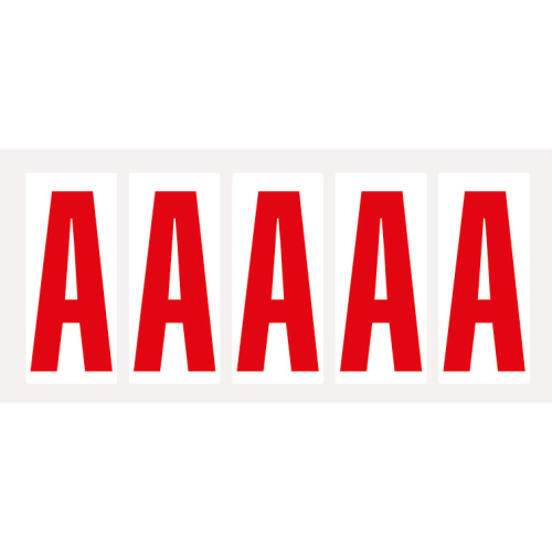 Buchstabe A, Schrifthöhe 75 mm, weiß-rot, Folie selbstklebend, 38 x 88 mm, 100 St./Verpackungseinheit Buchstabe A, Schrifthöhe 75 mm, weiß-rot, Folie selbstklebend, 38 x 88 mm, 100 St./Verpackungseinheit