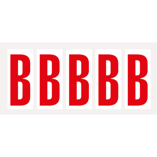 Buchstabe B, Schrifthöhe 75 mm, weiß-rot, Folie selbstklebend, 38 x 88 mm, 100 St./Verpackungseinheit Buchstabe B, Schrifthöhe 75 mm, weiß-rot, Folie selbstklebend, 38 x 88 mm, 100 St./Verpackungseinheit