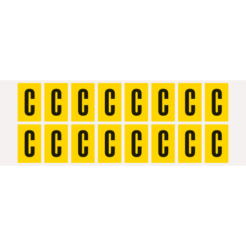 Buchstabe C, Schrifthöhe 25 mm, gelb-schwarz, Folie selbstklebend, 22 x 36 mm, 320 St./Verpackungseinheit Buchstabe C, Schrifthöhe 25 mm, gelb-schwarz, Folie selbstklebend, 22 x 36 mm, 320 St./Verpackungseinheit