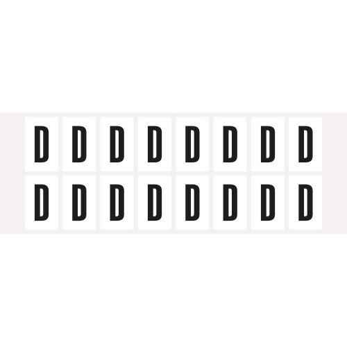 Buchstabe D, Schrifthöhe 25 mm, weiß-schwarz, Folie selbstklebend, 22 x 36 mm, 320 St./Verpackungseinheit Buchstabe D, Schrifthöhe 25 mm, weiß-schwarz, Folie selbstklebend, 22 x 36 mm, 320 St./Verpackungseinheit
