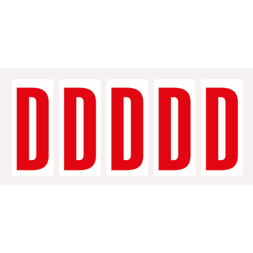 Buchstabe D, Schrifthöhe 75 mm, weiß-rot, Folie selbstklebend, 38 x 88 mm, 100 St./Verpackungseinheit Buchstabe D, Schrifthöhe 75 mm, weiß-rot, Folie selbstklebend, 38 x 88 mm, 100 St./Verpackungseinheit