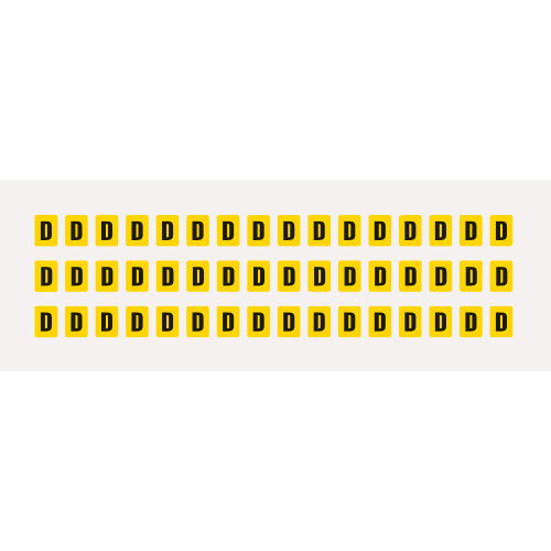 Buchstabe D, Schrifthöhe 8 mm, gelb-schwarz, Folie selbstklebend, 9,5 x 13 mm, 960 St./Verpackungseinheit Buchstabe D, Schrifthöhe 8 mm, gelb-schwarz, Folie selbstklebend, 9,5 x 13 mm, 960 St./Verpackungseinheit