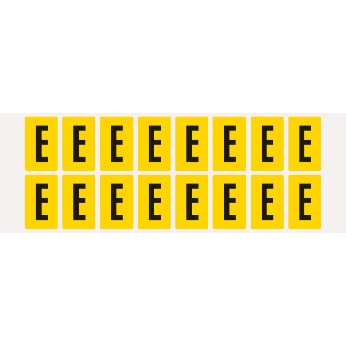 Buchstabe E, Schrifthöhe 25 mm, gelb-schwarz, Folie selbstklebend, 22 x 36 mm, 320 St./Verpackungseinheit Buchstabe E, Schrifthöhe 25 mm, gelb-schwarz, Folie selbstklebend, 22 x 36 mm, 320 St./Verpackungseinheit
