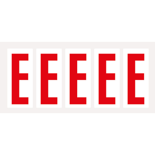 Buchstabe E, Schrifthöhe 75 mm, weiß-rot, Folie selbstklebend, 38 x 88 mm, 100 St./Verpackungseinheit Buchstabe E, Schrifthöhe 75 mm, weiß-rot, Folie selbstklebend, 38 x 88 mm, 100 St./Verpackungseinheit