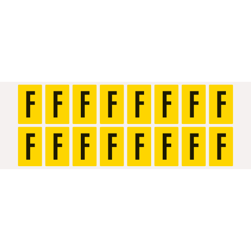 Buchstabe F, Schrifthöhe 25 mm, gelb-schwarz, Folie selbstklebend, 22 x 36 mm, 320 St./Verpackungseinheit Buchstabe F, Schrifthöhe 25 mm, gelb-schwarz, Folie selbstklebend, 22 x 36 mm, 320 St./Verpackungseinheit
