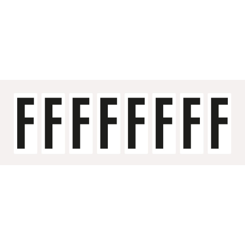 Buchstabe F, Schrifthöhe 40 mm, weiß-schwarz, Folie mit Oberflächenschutz, 23,8 x 52,9 mm, 10 St./Bogen Buchstabe F, Schrifthöhe 40 mm, weiß-schwarz, Folie mit Oberflächenschutz, 23,8 x 52,9 mm, 10 St./Bogen