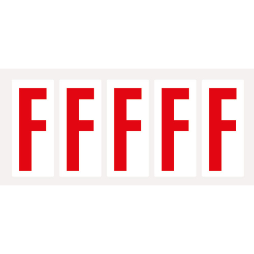 Buchstabe F, Schrifthöhe 75 mm, weiß-rot, Folie selbstklebend, 38 x 88 mm, 100 St./Verpackungseinheit Buchstabe F, Schrifthöhe 75 mm, weiß-rot, Folie selbstklebend, 38 x 88 mm, 100 St./Verpackungseinheit