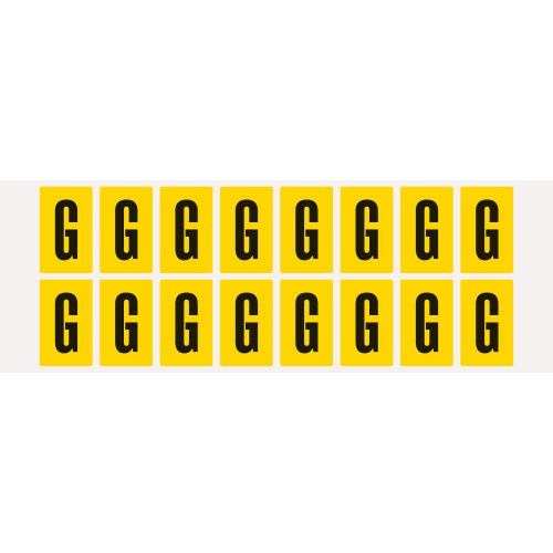 Buchstabe G, Schrifthöhe 25 mm, gelb-schwarz, Folie selbstklebend, 22 x 36 mm, 320 St./Verpackungseinheit Buchstabe G, Schrifthöhe 25 mm, gelb-schwarz, Folie selbstklebend, 22 x 36 mm, 320 St./Verpackungseinheit