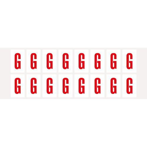 Buchstabe G, Schrifthöhe 25 mm, weiß-rot, Folie selbstklebend, 22 x 36 mm, 320 St./Verpackungseinheit Buchstabe G, Schrifthöhe 25 mm, weiß-rot, Folie selbstklebend, 22 x 36 mm, 320 St./Verpackungseinheit