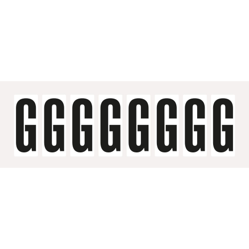 Buchstabe G, Schrifthöhe 50 mm, weiß-schwarz, Folie selbstklebend, 22 x 57 mm, 160 St./Verpackungseinheit Buchstabe G, Schrifthöhe 50 mm, weiß-schwarz, Folie selbstklebend, 22 x 57 mm, 160 St./Verpackungseinheit