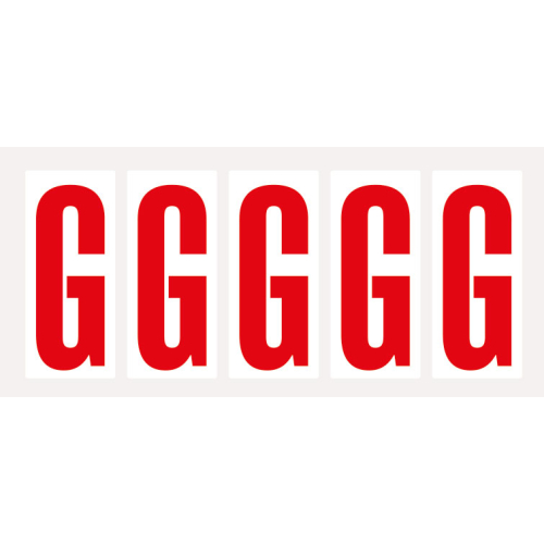Buchstabe G, Schrifthöhe 75 mm, weiß-rot, Folie selbstklebend, 38 x 88 mm, 100 St./Verpackungseinheit Buchstabe G, Schrifthöhe 75 mm, weiß-rot, Folie selbstklebend, 38 x 88 mm, 100 St./Verpackungseinheit