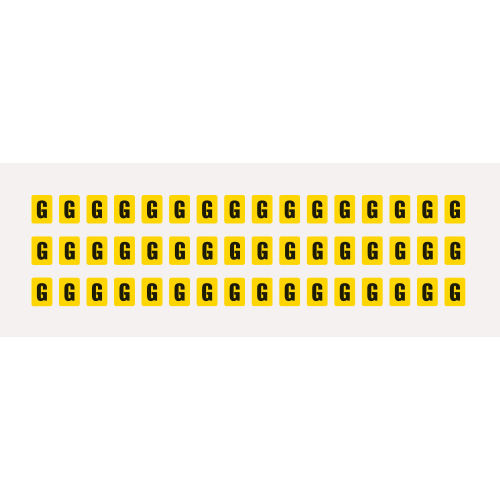 Buchstabe G, Schrifthöhe 8 mm, gelb-schwarz, Folie selbstklebend, 9,5 x 13 mm, 960 St./Verpackungseinheit Buchstabe G, Schrifthöhe 8 mm, gelb-schwarz, Folie selbstklebend, 9,5 x 13 mm, 960 St./Verpackungseinheit