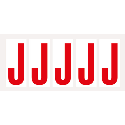 Buchstabe J, Schrifthöhe 75 mm, weiß-rot, Folie selbstklebend, 38 x 88 mm, 100 St./Verpackungseinheit Buchstabe J, Schrifthöhe 75 mm, weiß-rot, Folie selbstklebend, 38 x 88 mm, 100 St./Verpackungseinheit