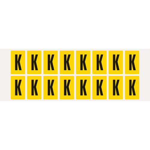 Buchstabe K, Schrifthöhe 25 mm, gelb-schwarz, Folie selbstklebend, 22 x 36 mm, 320 St./Verpackungseinheit Buchstabe K, Schrifthöhe 25 mm, gelb-schwarz, Folie selbstklebend, 22 x 36 mm, 320 St./Verpackungseinheit
