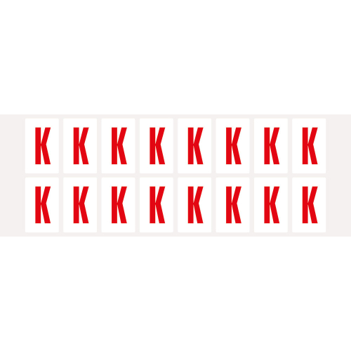 Buchstabe K, Schrifthöhe 25 mm, weiß-rot, Folie selbstklebend, 22 x 36 mm, 320 St./Verpackungseinheit Buchstabe K, Schrifthöhe 25 mm, weiß-rot, Folie selbstklebend, 22 x 36 mm, 320 St./Verpackungseinheit