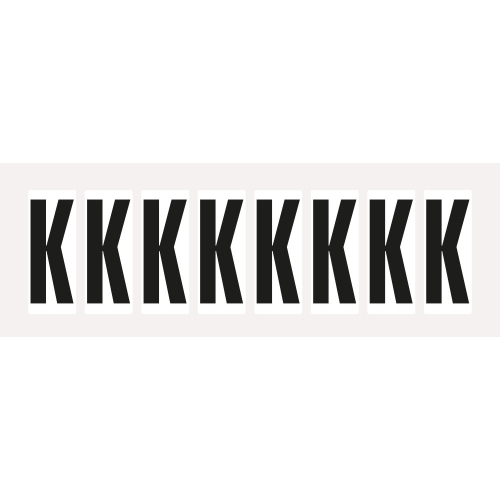 Buchstabe K, Schrifthöhe 60 mm, weiß-schwarz, Folie mit Oberflächenschutz, 35,7 x 78 mm, 10 St./Bogen Buchstabe K, Schrifthöhe 60 mm, weiß-schwarz, Folie mit Oberflächenschutz, 35,7 x 78 mm, 10 St./Bogen