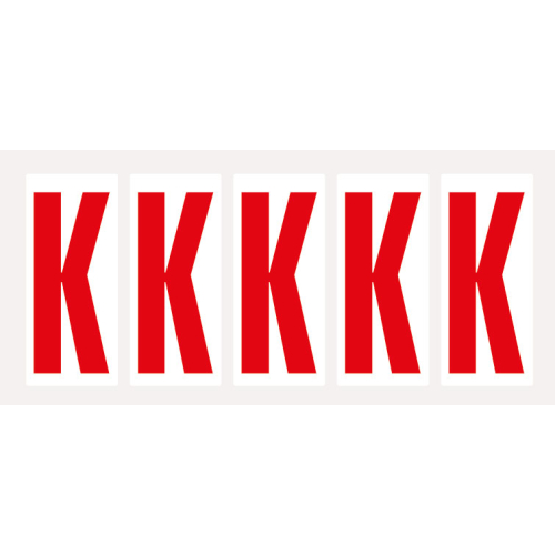 Buchstabe K, Schrifthöhe 75 mm, weiß-rot, Folie selbstklebend, 38 x 88 mm, 100 St./Verpackungseinheit Buchstabe K, Schrifthöhe 75 mm, weiß-rot, Folie selbstklebend, 38 x 88 mm, 100 St./Verpackungseinheit