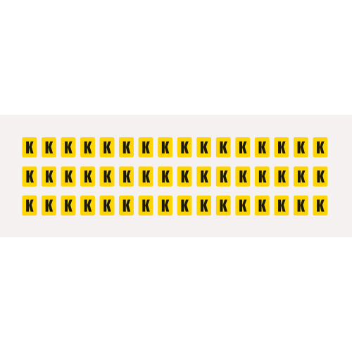 Buchstabe K, Schrifthöhe 8 mm, gelb-schwarz, Folie selbstklebend, 9,5 x 13 mm, 960 St./Verpackungseinheit Buchstabe K, Schrifthöhe 8 mm, gelb-schwarz, Folie selbstklebend, 9,5 x 13 mm, 960 St./Verpackungseinheit