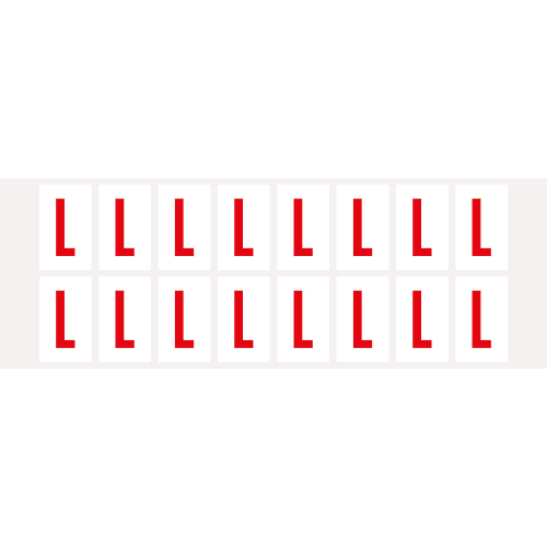 Buchstabe L, Schrifthöhe 25 mm, weiß-rot, Folie selbstklebend, 22 x 36 mm, 320 St./Verpackungseinheit Buchstabe L, Schrifthöhe 25 mm, weiß-rot, Folie selbstklebend, 22 x 36 mm, 320 St./Verpackungseinheit