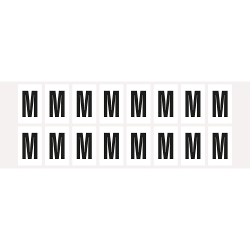 Buchstabe M, Schrifthöhe 25 mm, weiß-schwarz, Folie selbstklebend, 22 x 36 mm, 320 St./Verpackungseinheit Buchstabe M, Schrifthöhe 25 mm, weiß-schwarz, Folie selbstklebend, 22 x 36 mm, 320 St./Verpackungseinheit