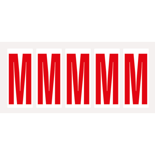 Buchstabe M, Schrifthöhe 75 mm, weiß-rot, Folie selbstklebend, 38 x 88 mm, 100 St./Verpackungseinheit Buchstabe M, Schrifthöhe 75 mm, weiß-rot, Folie selbstklebend, 38 x 88 mm, 100 St./Verpackungseinheit
