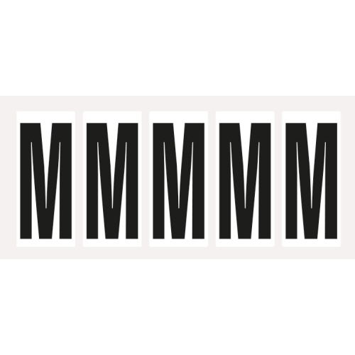 Buchstabe M, Schrifthöhe 75 mm, weiß-schwarz, Folie selbstklebend, 38 x 88 mm, 100 St./Verpackungseinheit Buchstabe M, Schrifthöhe 75 mm, weiß-schwarz, Folie selbstklebend, 38 x 88 mm, 100 St./Verpackungseinheit