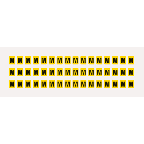 Buchstabe M, Schrifthöhe 8 mm, gelb-schwarz, Folie selbstklebend, 9,5 x 13 mm, 960 St./Verpackungseinheit Buchstabe M, Schrifthöhe 8 mm, gelb-schwarz, Folie selbstklebend, 9,5 x 13 mm, 960 St./Verpackungseinheit