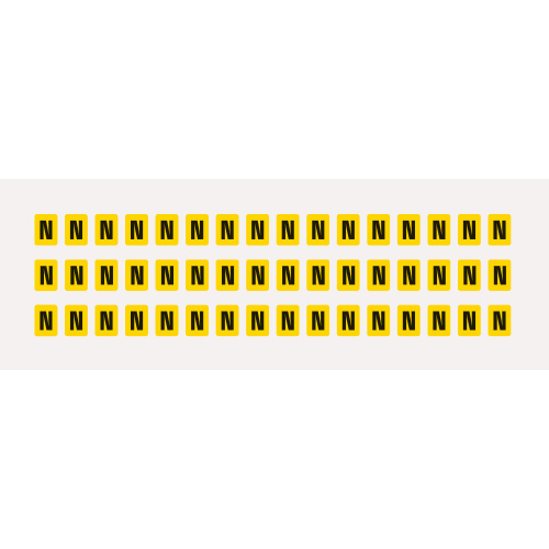 Buchstabe N, Schrifthöhe 8 mm, gelb-schwarz, Folie selbstklebend, 9,5 x 13 mm, 960 St./Verpackungseinheit Buchstabe N, Schrifthöhe 8 mm, gelb-schwarz, Folie selbstklebend, 9,5 x 13 mm, 960 St./Verpackungseinheit