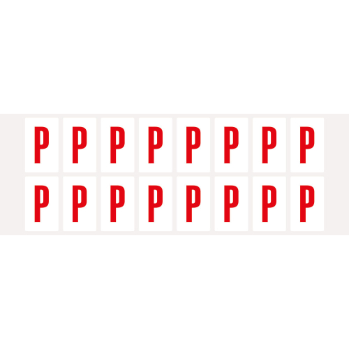 Buchstabe P, Schrifthöhe 25 mm, weiß-rot, Folie selbstklebend, 22 x 36 mm, 320 St./Verpackungseinheit Buchstabe P, Schrifthöhe 25 mm, weiß-rot, Folie selbstklebend, 22 x 36 mm, 320 St./Verpackungseinheit