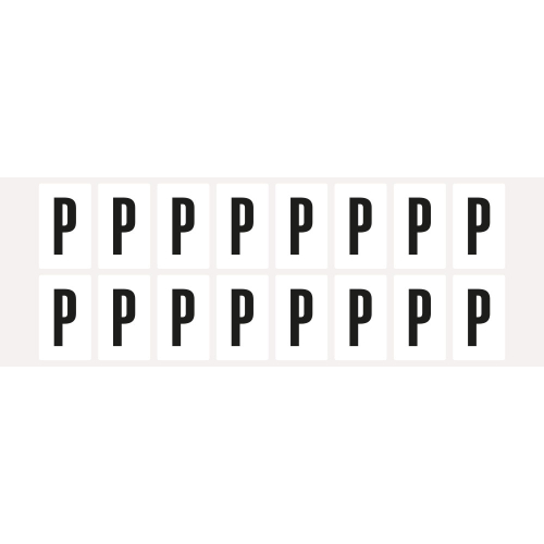 Buchstabe P, Schrifthöhe 25 mm, weiß-schwarz, Folie selbstklebend, 22 x 36 mm, 320 St./Verpackungseinheit Buchstabe P, Schrifthöhe 25 mm, weiß-schwarz, Folie selbstklebend, 22 x 36 mm, 320 St./Verpackungseinheit
