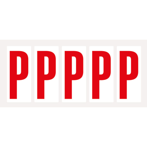 Buchstabe P, Schrifthöhe 75 mm, weiß-rot, Folie selbstklebend, 38 x 88 mm, 100 St./Verpackungseinheit Buchstabe P, Schrifthöhe 75 mm, weiß-rot, Folie selbstklebend, 38 x 88 mm, 100 St./Verpackungseinheit